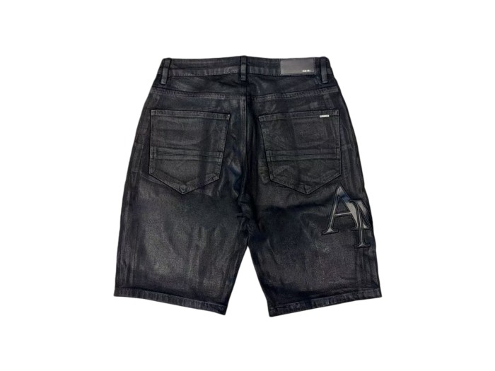 1:1 quality version Pure Black Shiny Faux Leather Pleated Denim Shorts 28920235
