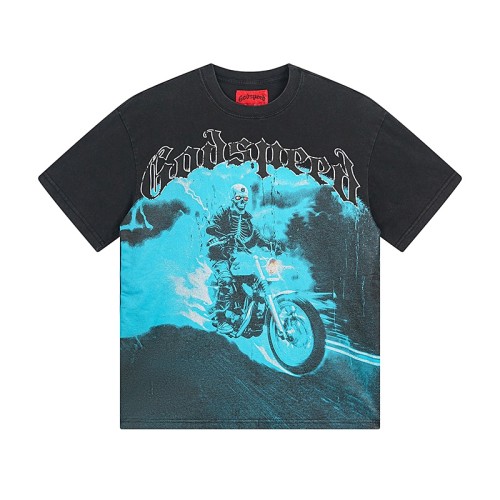 Blue Skull Motorcycle Distressed Washed Short-Sleeve T-Shirt 29043111