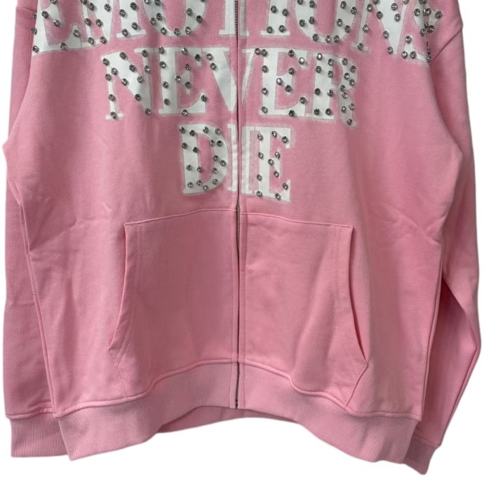 Unisex Pink Rhinestone Letter Print Zip-Up Hoodie 28978894