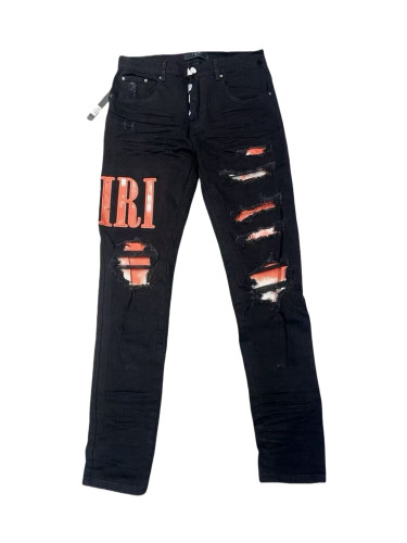 1:1 quality version Red-and-White Gradient Letter-Printed Distressed Jeans 28622653
