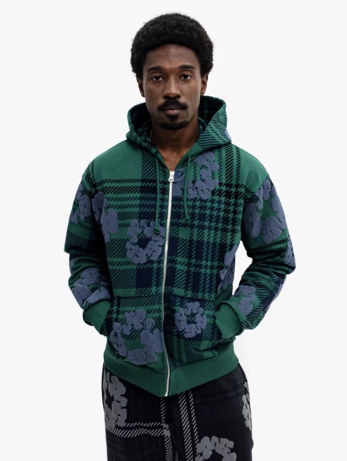 1:1 quality version Houndstooth Cotton Fleece Zipper Hoodie & Pants Set 3 colors 28566172