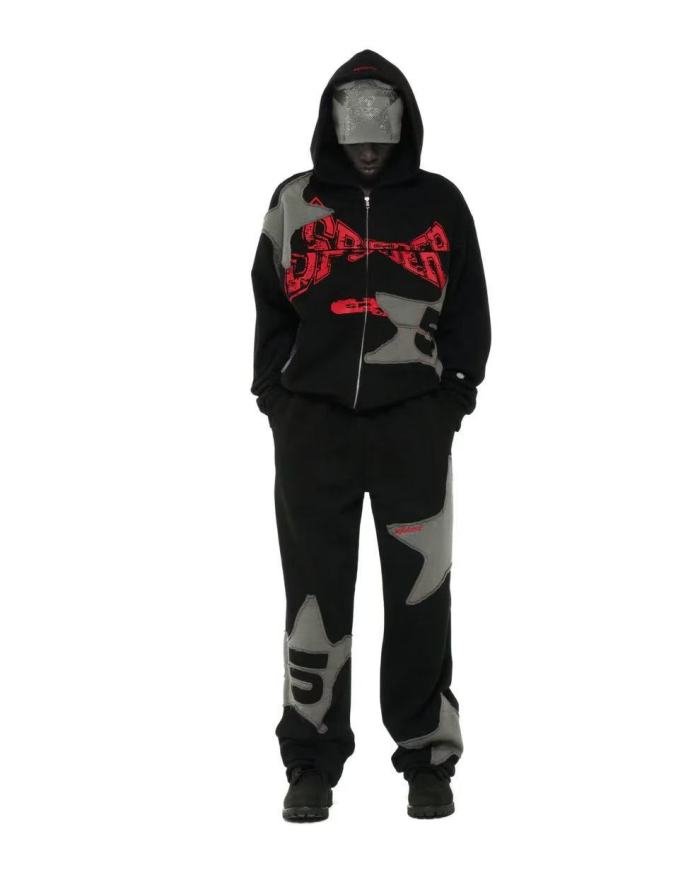 [Big & Tall for weights up to 220 lbs]1:1 quality version Grey Star Applique Zipper Hoodie & Pants Set 28893162