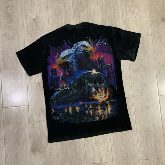 Lightning Eagle Train Rhinestone Print Washed Tee 29064548