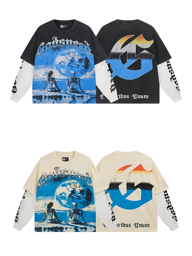 28357721 Metal Robot Moon Print Fake Two-Piece Long Sleeve T-Shirt