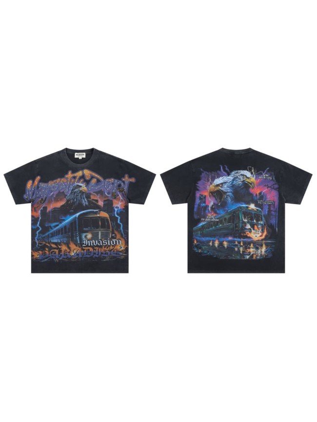 Lightning Eagle Train Rhinestone Print Washed Tee 29064548