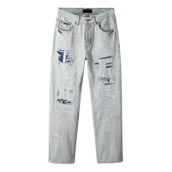1:1 quality version Blue ripped straight-leg Jeans 28468709
