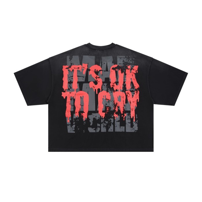 Figure Blood Drop Font Rhinestone Print Washed Tee 29069403