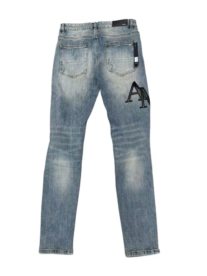1:1 quality version Classic Big Letter Black Patch Ripped Jeans 29080654