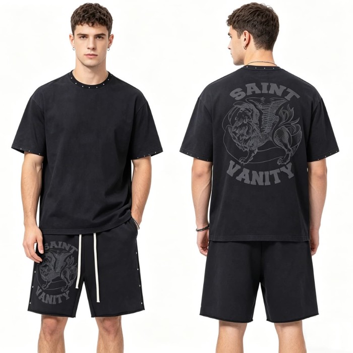 Rivet Decorated Lion Pattern Print Washed Tee & Shorts Set 4 colors 29077775