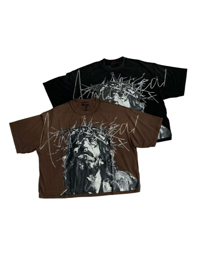 Ink Wash Thorn Jesus Rhinestone Print Washed Tee 2 colors 29069151