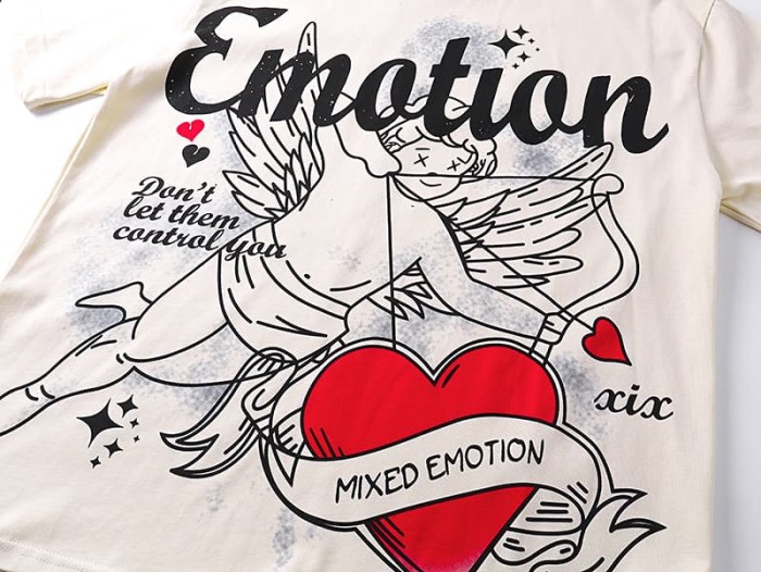 Stick Figure Red Heart Cupid Rhinestone Print Tee 29105632