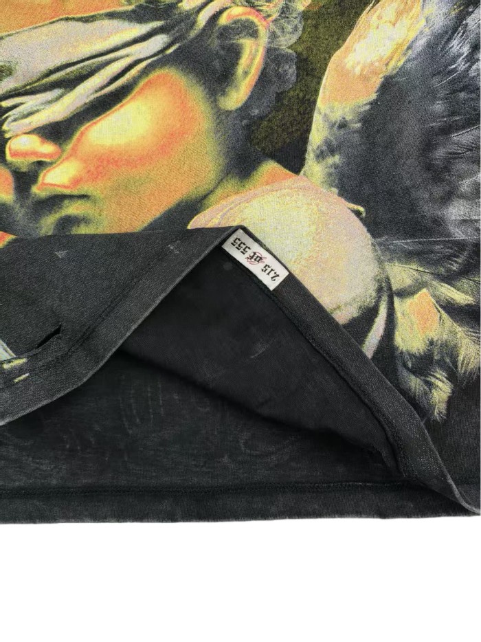 Masked Angel Shot-Effect Rhinestone-Embellished Distressed Print Washed Version Tee 2 colors 28759330