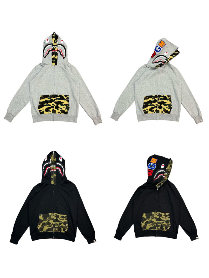 1:1 quality version 28367261 Camouflage Patchwork Double-Headed Shark Zipper Hoodie 2 colors