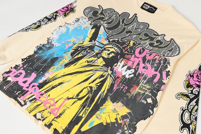 Statue of Liberty Graffiti Letter Print Washed Version Long Sleeve T-Shirt 3 colors 28702248