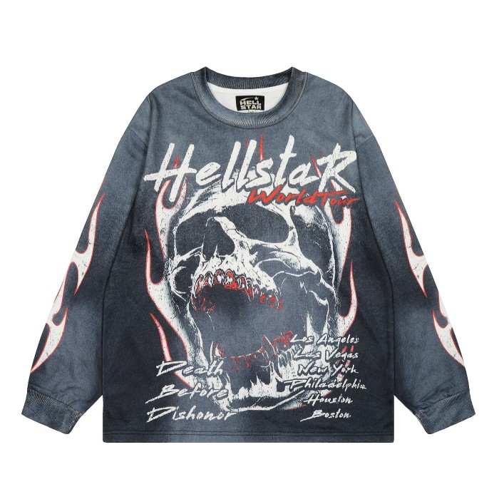 Menacing Skeleton Print Washed Version Long-Sleeve T-Shirt 28471086