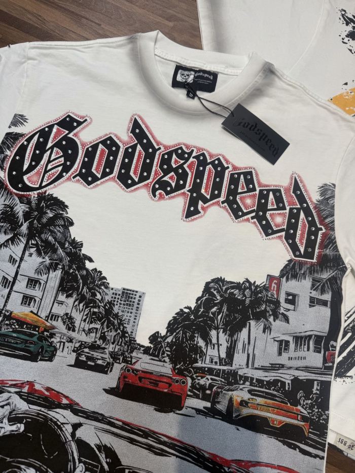Miami sports car party rhinestone gradient distressed T-shirt 2 colors 29038229