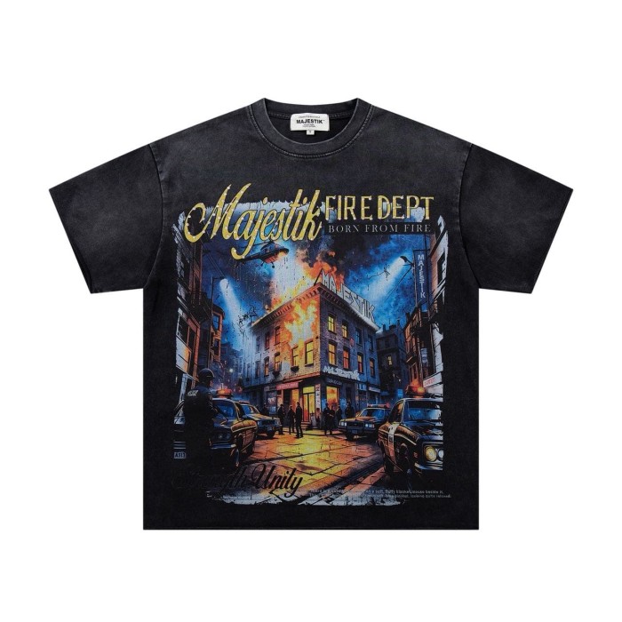 Urban Fire Scene Rhinestone Print Washed Tee 29060721
