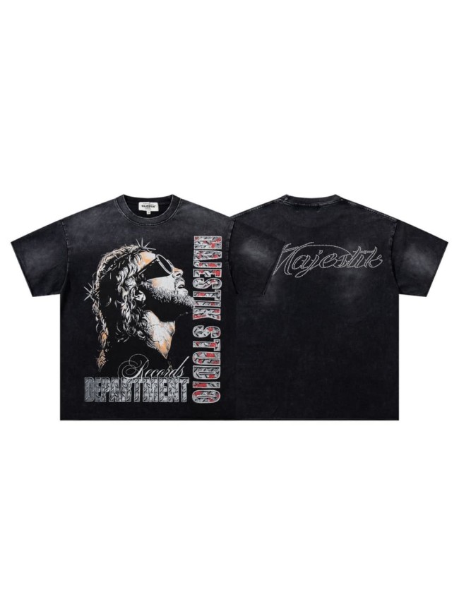 Sunglasses Hip Hop Jesus Rhinestone Print Washed Tee 29060733