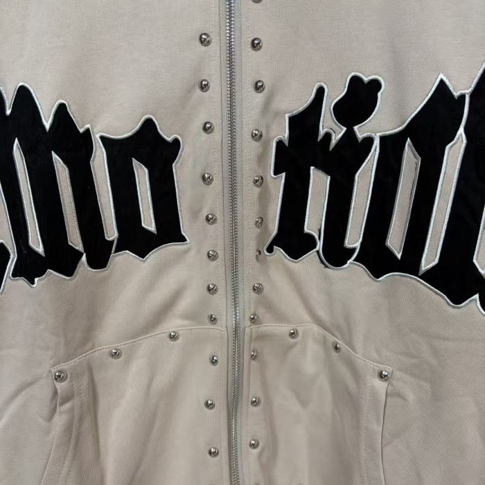 Gothic Letter Patch & Metal Rivets Full Zip Hoodie 2 colors 29107708