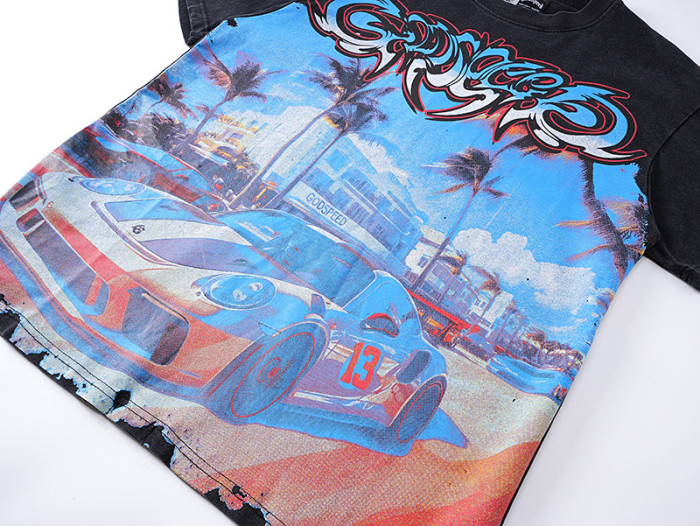 Miami Sports Car All-Seeing Eye Black Distressed Short-Sleeve T-Shirt 29044777
