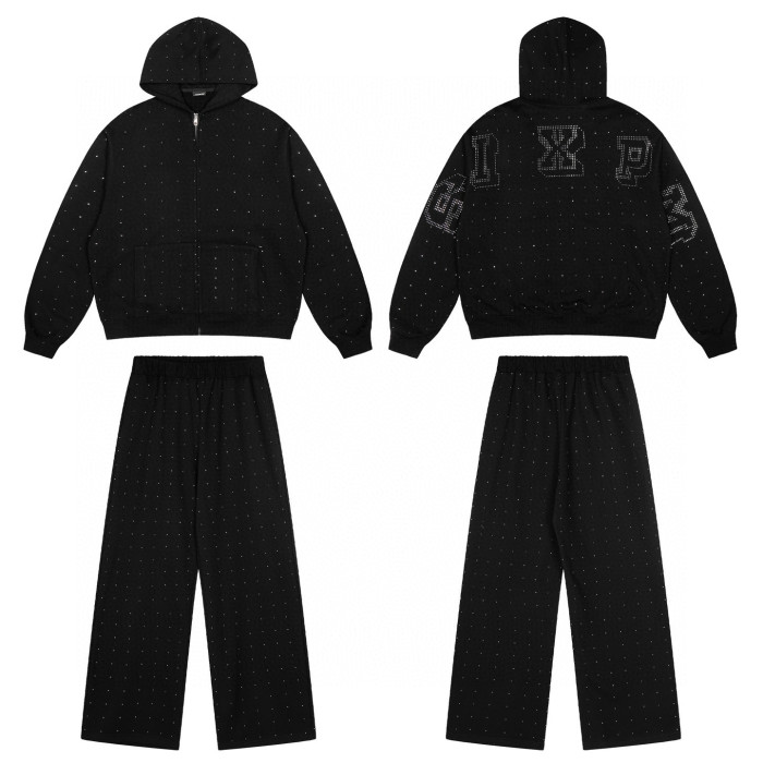 Full-Print Rhinestone Letter Zipper Hoodie & Pants Set 2 colors 28749761