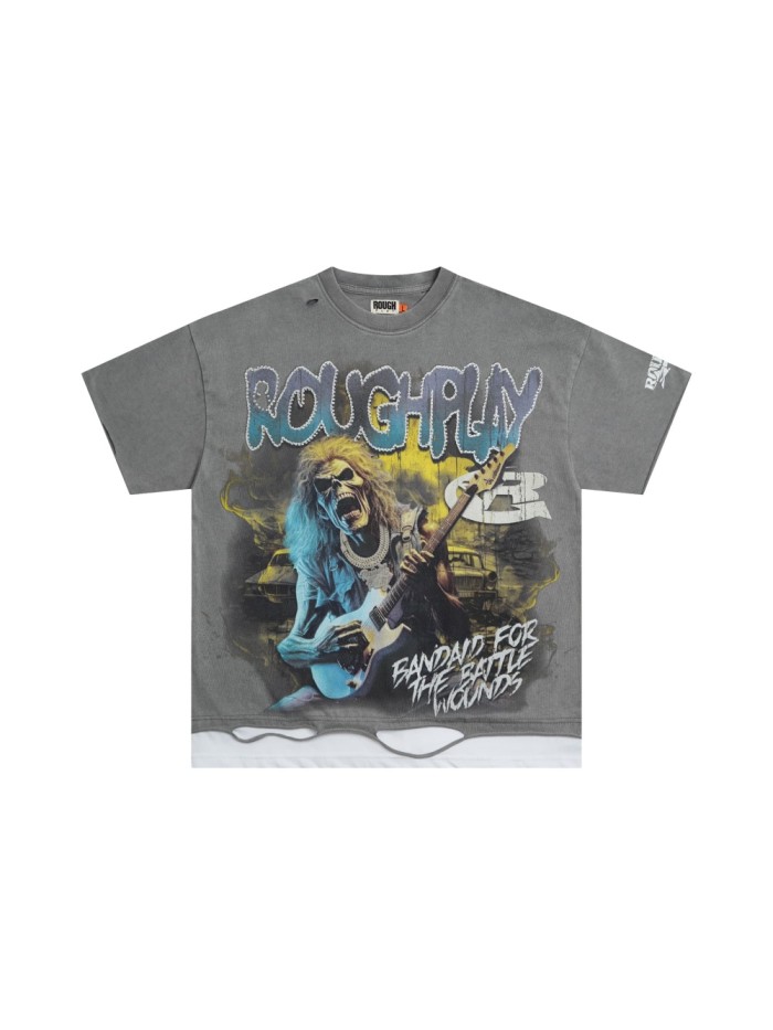 Guitar Skull Hotfix Rhinestone Print Washed Version Tee 28572225