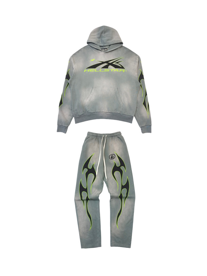 [Big & Tall for weights up to 260 lbs]1:1 quality version Green and Black Logo Washed Version Hoodie & Pants Set with NFC tag