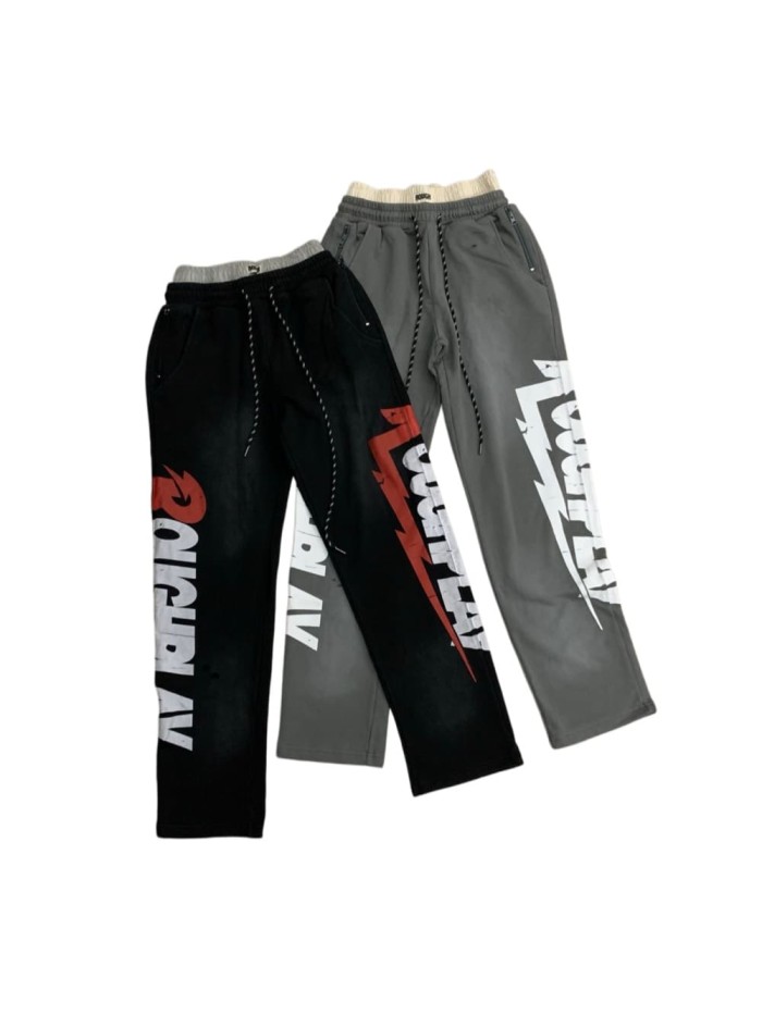Vintage Washed Letter & Lightning Print Elastic Waist Sweatpants 2 colors 29068979