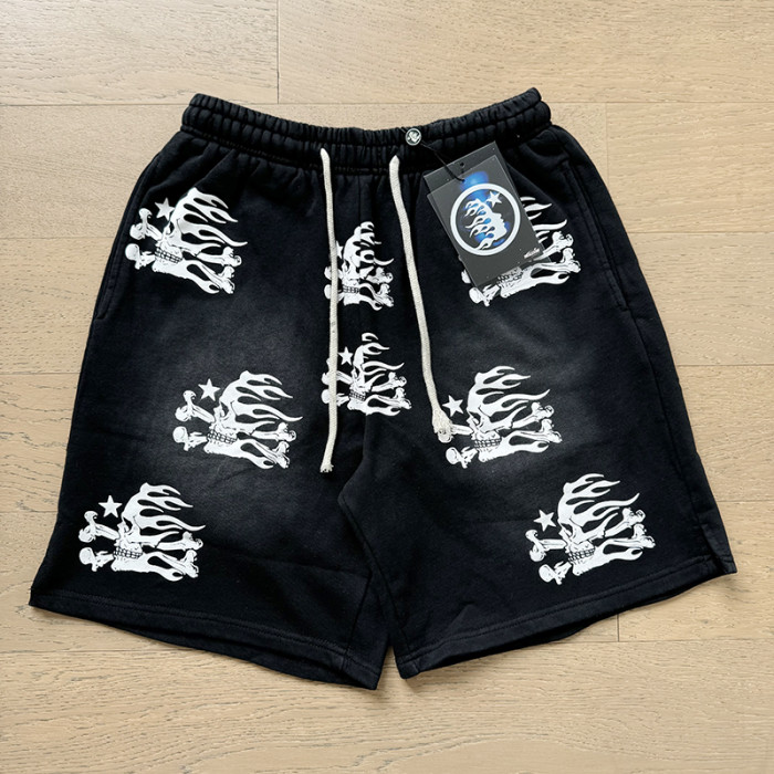 Skull Flame Print Washed Shorts 29043461