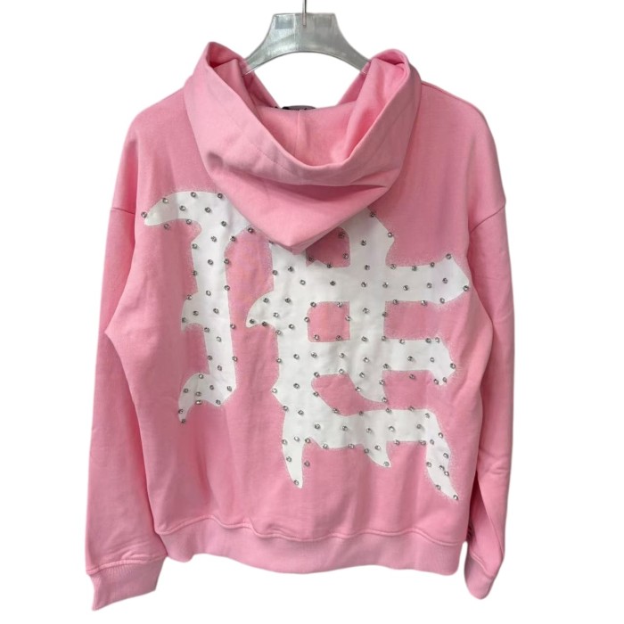 Unisex Pink Rhinestone Letter Print Zip-Up Hoodie 28978894