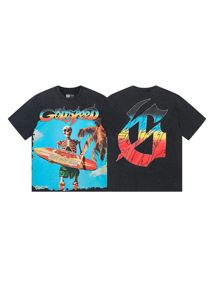 Surfer skull G-shaped logo black vintage short-sleeved T-shirt 29045242
