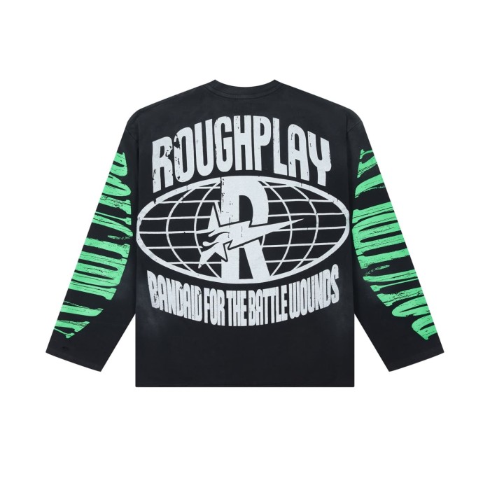 Washed Black Streetwear with Skeleton Gangster & Green Sleeve Print Long Sleeve T-Shirt 29069101