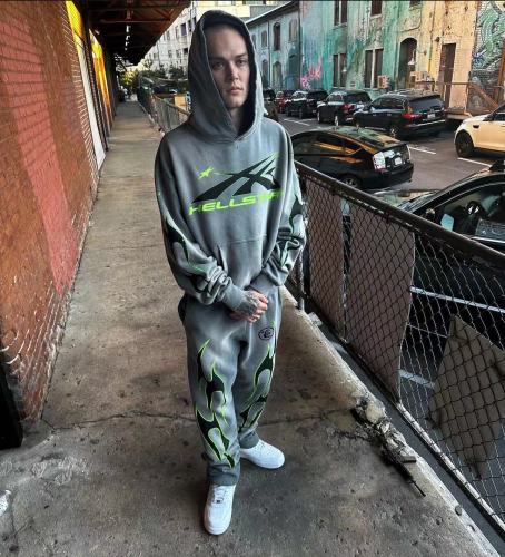 [Big & Tall for weights up to 260 lbs]1:1 quality version Green and Black Logo Washed Version Hoodie & Pants Set with NFC tag
