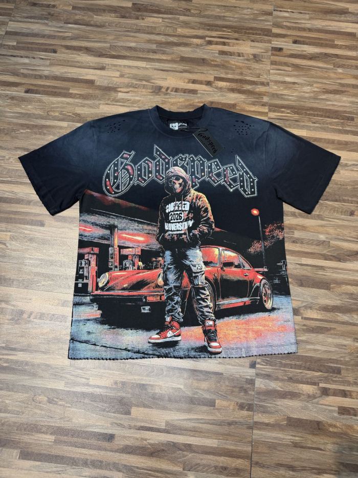 Street skull sports car hot-fix rhinestone black vintage short-sleeved T-shirt 29047352
