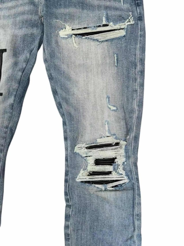 1:1 quality version Classic Big Letter Black Patch Ripped Jeans 29080654