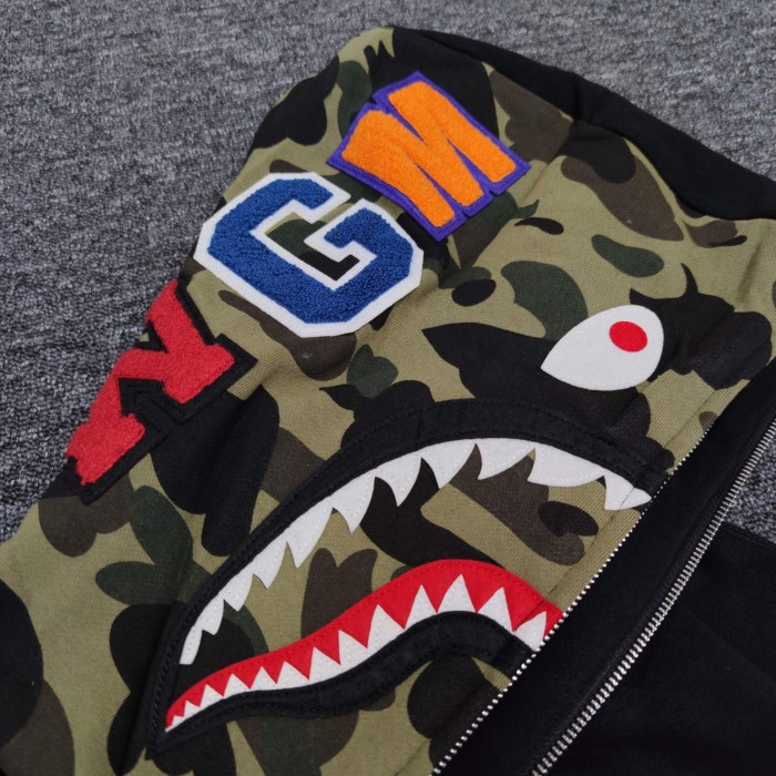 1:1 quality version Bape Shark Half Face Camo Hoodie black and green