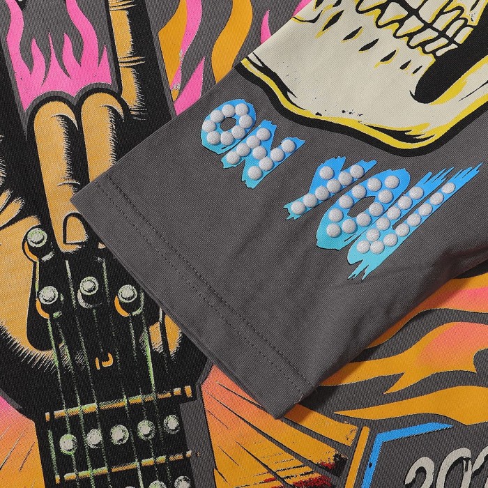 Rock Gesture Guitar Neck Silver Hot Stamping Print Washed Version Long Sleeve T-Shirt 28758377