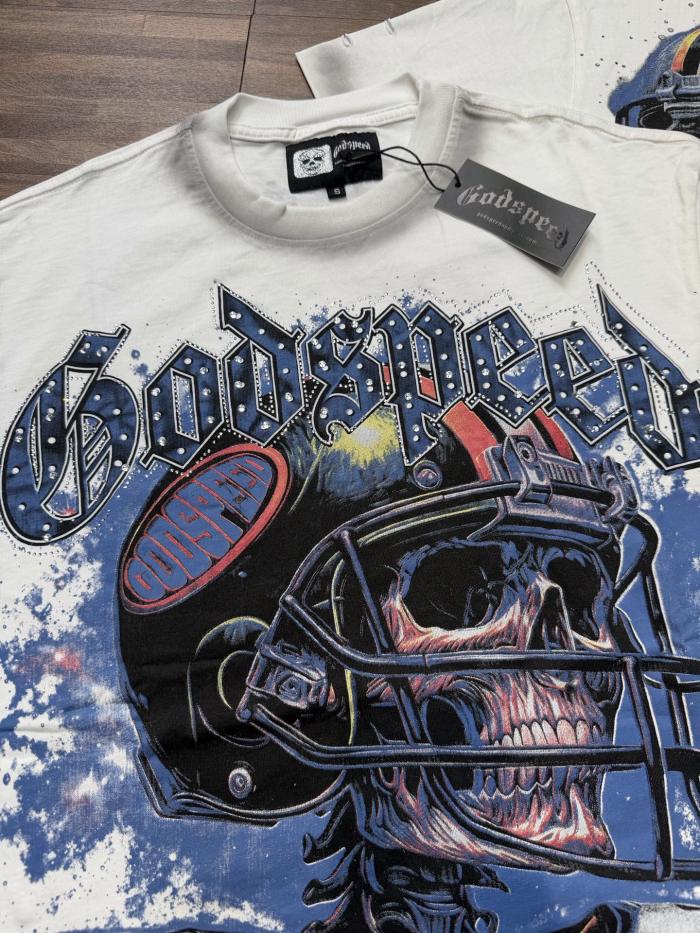 Rugby skull hot-fix rhinestone double-sided printed vintage T-shirt white color 29035302