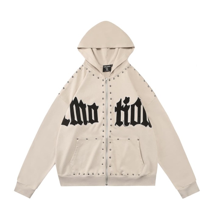 Gothic Letter Patch & Metal Rivets Full Zip Hoodie 2 colors 29107708