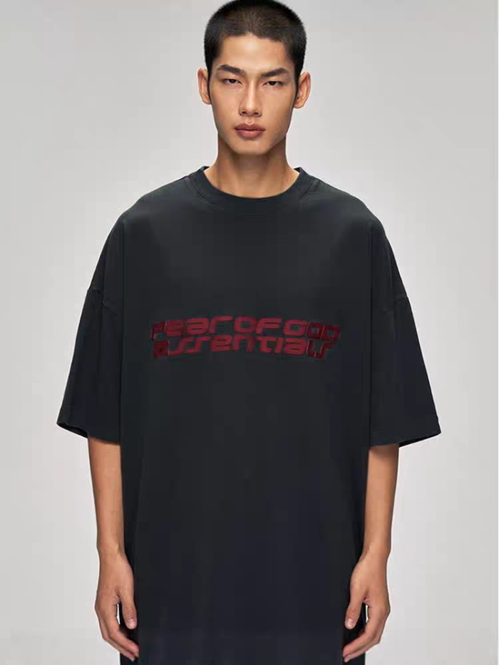 1:1 quality version Washed vintage-style futuristic double-line font logo pure cotton casual T-shirt 3 colors 29060627