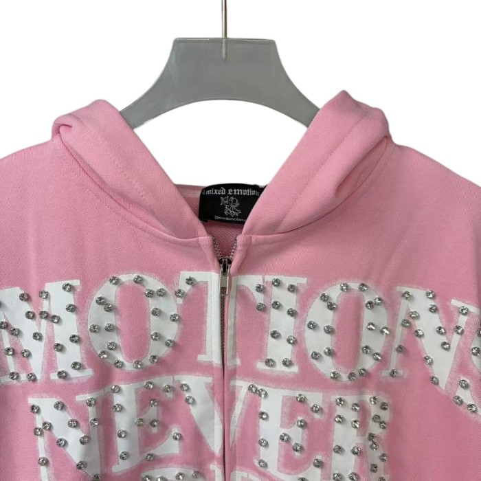 Unisex Pink Rhinestone Letter Print Zip-Up Hoodie 28978894