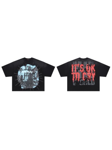 Figure Blood Drop Font Rhinestone Print Washed Tee 29069403