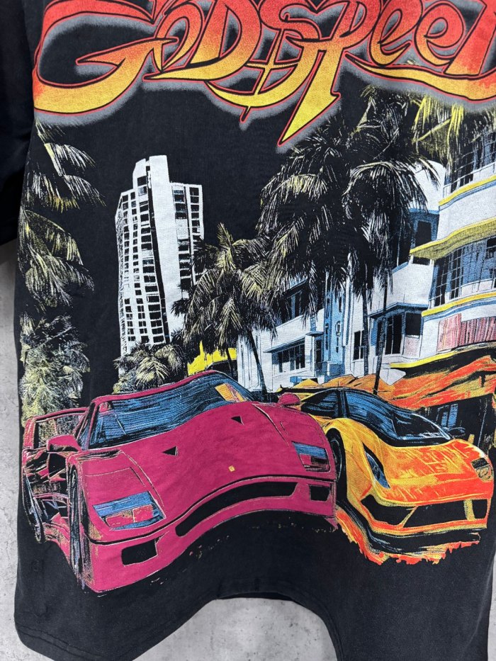 Miami sports car double-sided printed black distressed short-sleeved T-shirt 29051271