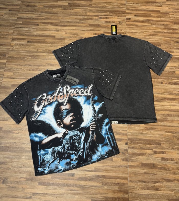 Blindfolded Cupid Angel Rhinestone-decorated Distressed T-shirt 2 colors 29051377