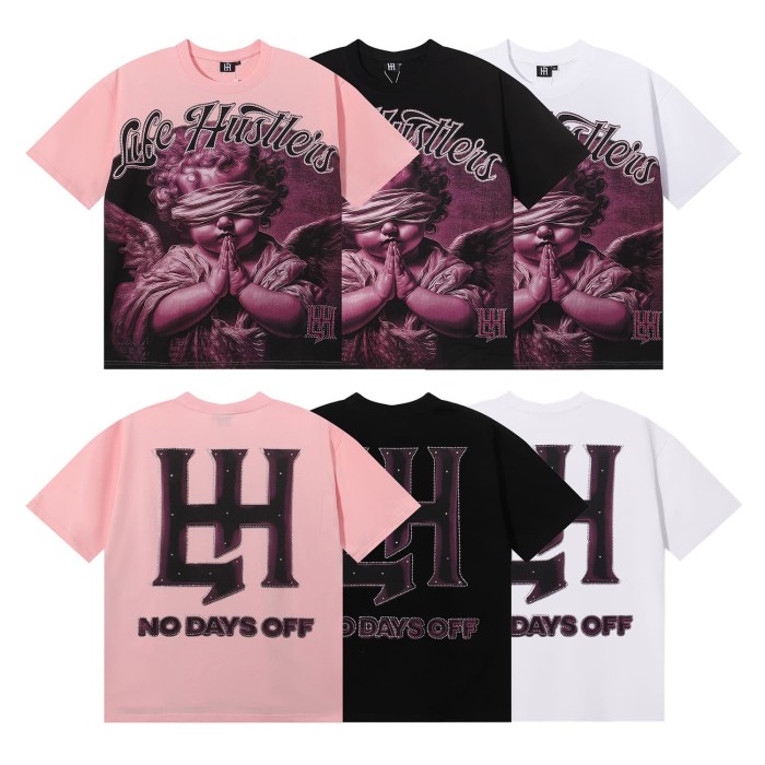 Pink Blindfolded Praying Angel Rhinestone Print Tee 3 colors 29082342