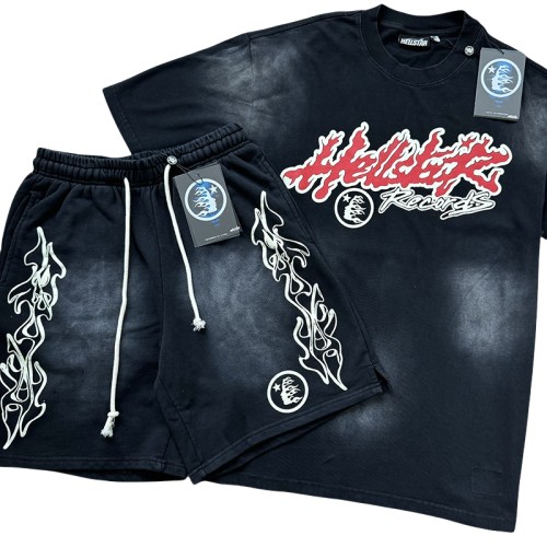 28030658 Flame Letter Print Washed Version Tee & Shorts Set
