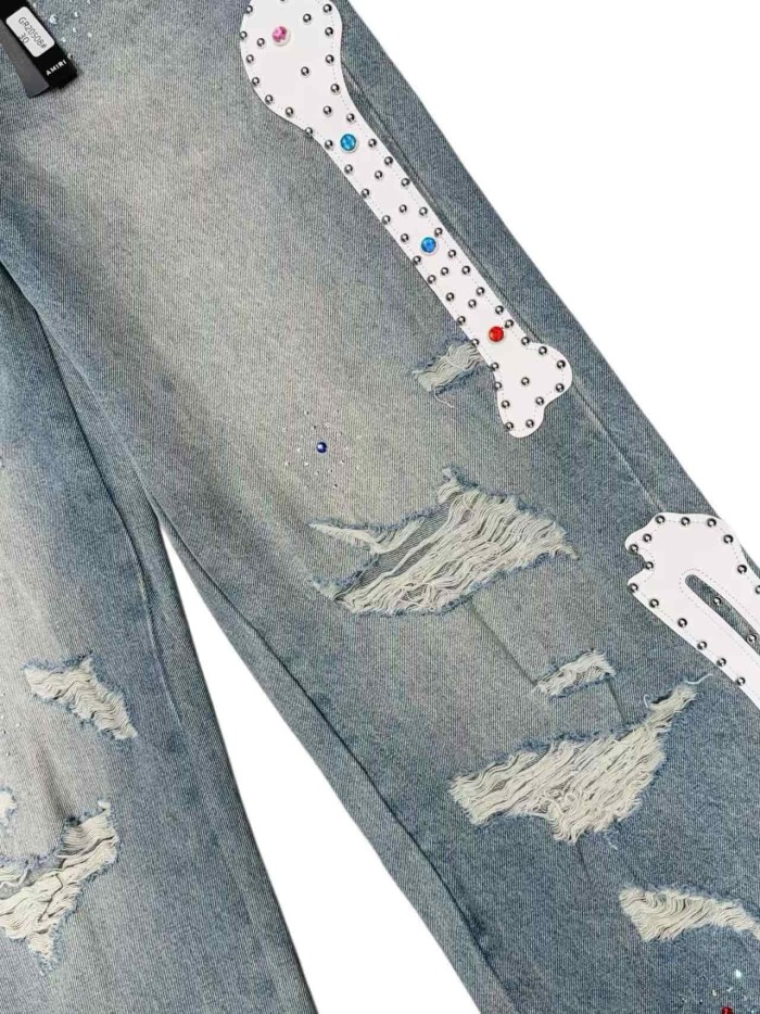 1:1 quality version Side Leather Bone Rivet Color Diamond Wide Leg Jeans 3 colors 29080658