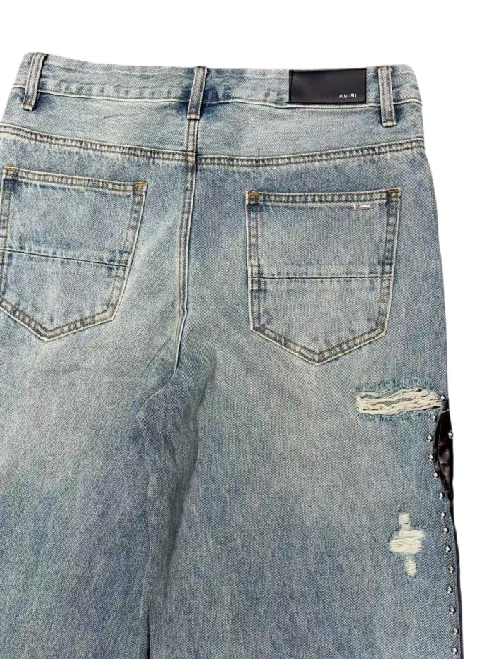 1:1 quality version Washed Light Blue Rhinestone & Studded Leather Patches Baggy Jeans 28996260