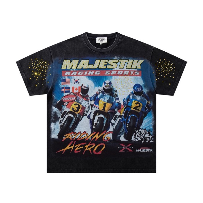 Motorcycle Racing Hero Slogan Rhinestone Print Washed Tee 29065106