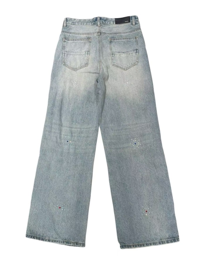 1:1 quality version Side Leather Bone Rivet Color Diamond Wide Leg Jeans 3 colors 29080658